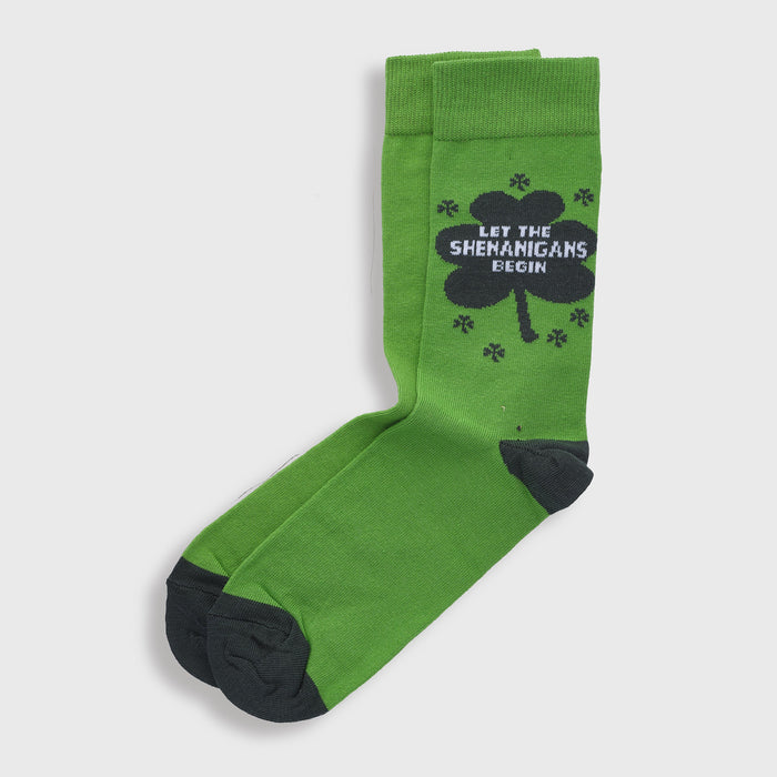 "Let the Shenanigans begin" green socks